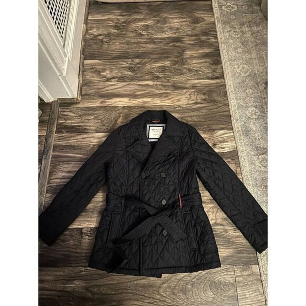 Tommy‎ Hilfiger Womens Quilted Trench Coat Jacket Black/Red Small Belt 254 - Picture 2 of 6